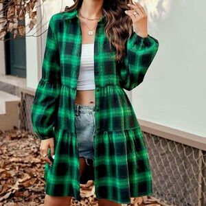 Blooming Jelly Green and Black Plaid Shirt Dress with Pockets